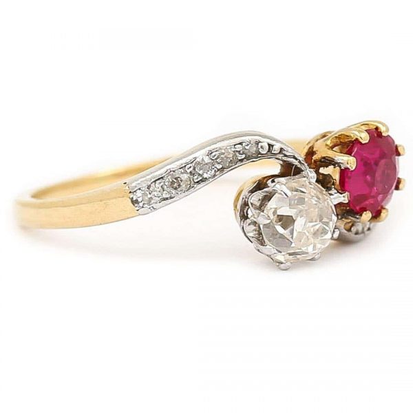 Early 20th Century 18ct Gold Ruby and Diamond Toi et Moi Ring