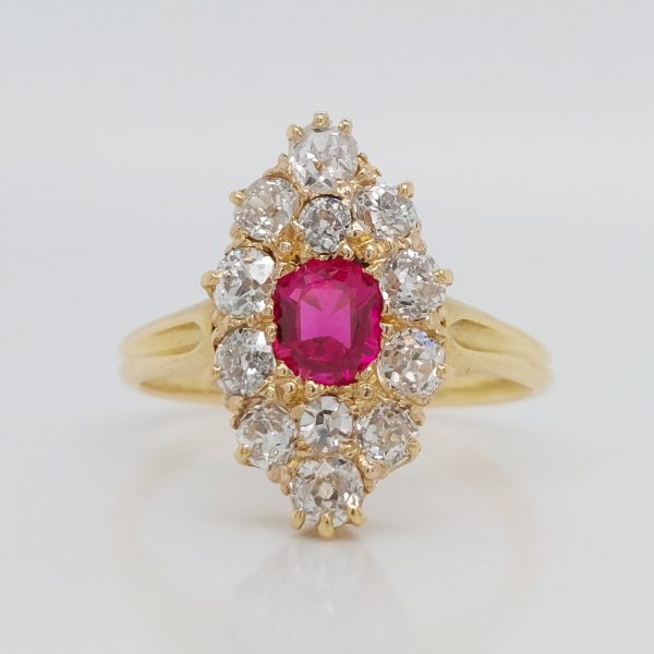 Ruby and Old Mine Cut Diamond Navette Cluster Antique Victorian Ring