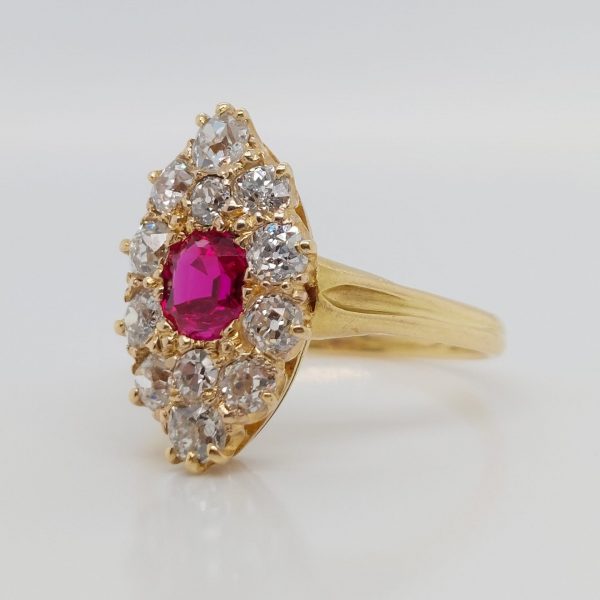 Ruby and Old Mine Cut Diamond Navette Cluster Antique Victorian Ring