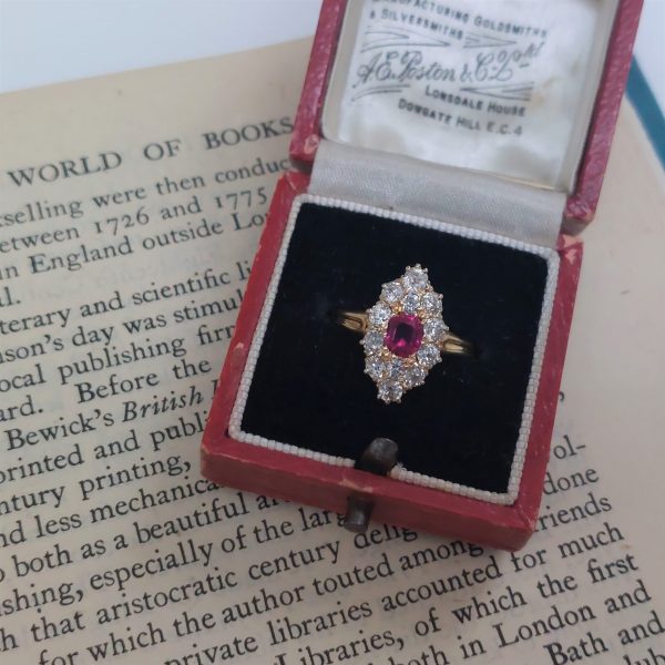 Ruby and Old Mine Cut Diamond Navette Cluster Antique Victorian Ring