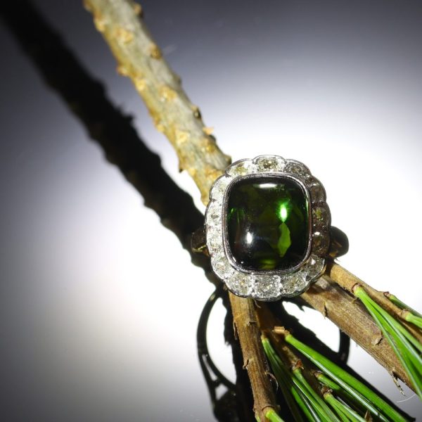 Vintage Green Tourmaline and Diamond Cluster Ring