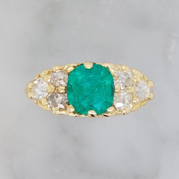 Antique 1.13ct Colombian Emerald and Old Cut Diamond Hoop Ring