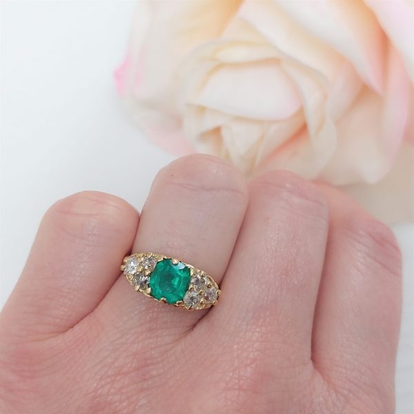 Antique 1.13ct Colombian Emerald and Old Cut Diamond Hoop Ring