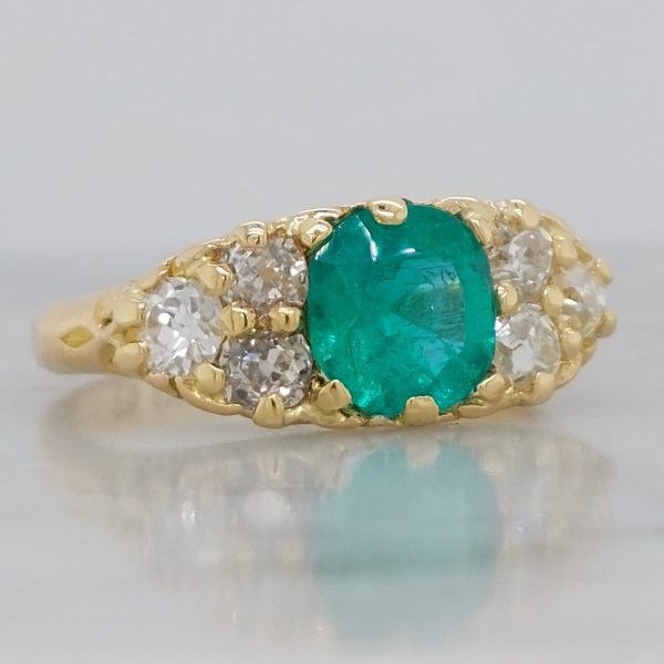 Antique 1.13ct Colombian Emerald and Old Cut Diamond Hoop Ring