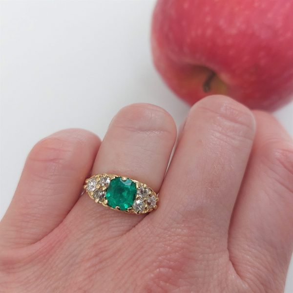 Antique 1.13ct Colombian Emerald and Old Cut Diamond Hoop Ring