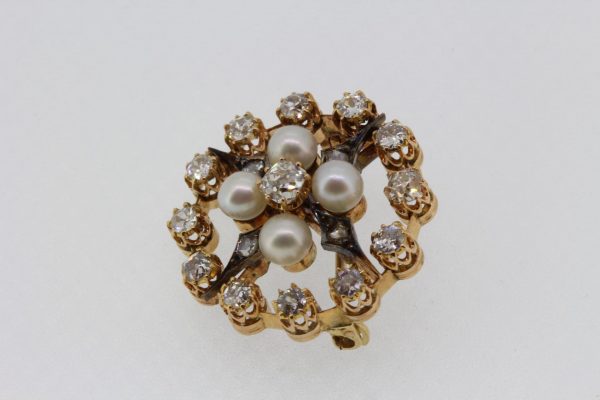 Antique Natural Pearl and Old Cut Diamond Brooch