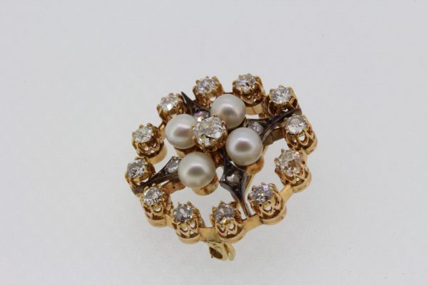 Antique Natural Pearl and Old Cut Diamond Brooch