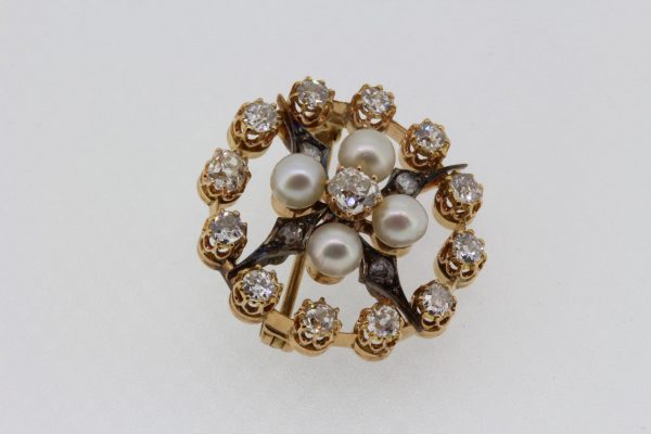 Antique Natural Pearl and Old Cut Diamond Brooch