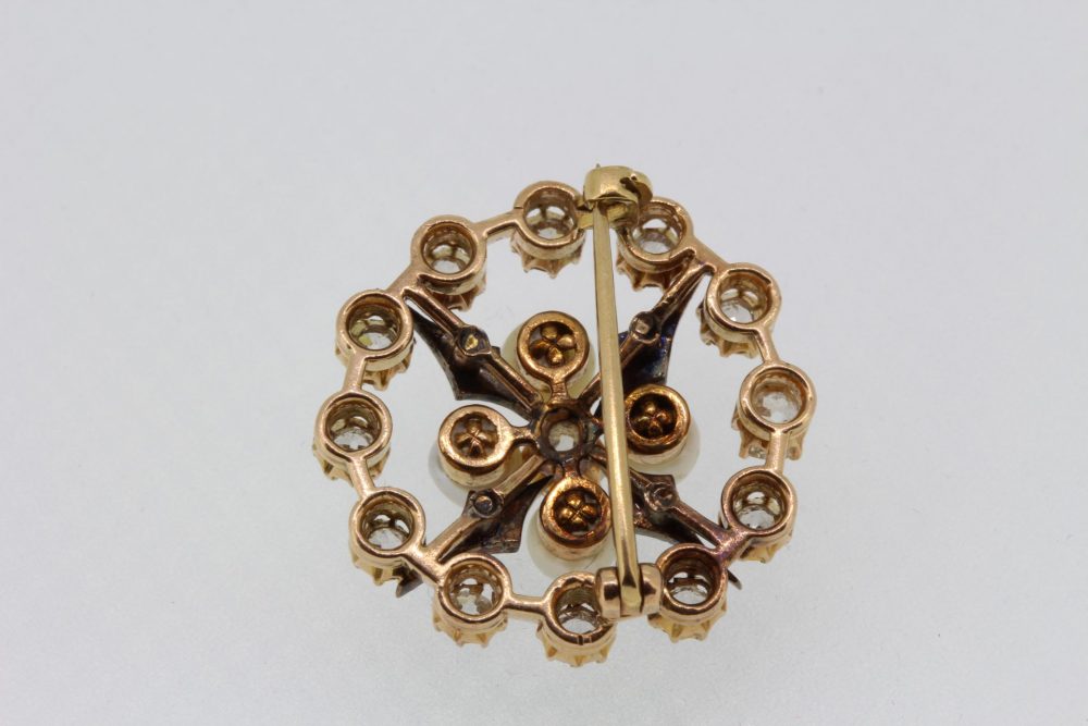 1stDibs Bar Brooch with Old Cut Diamonds and Natural Half Pearls