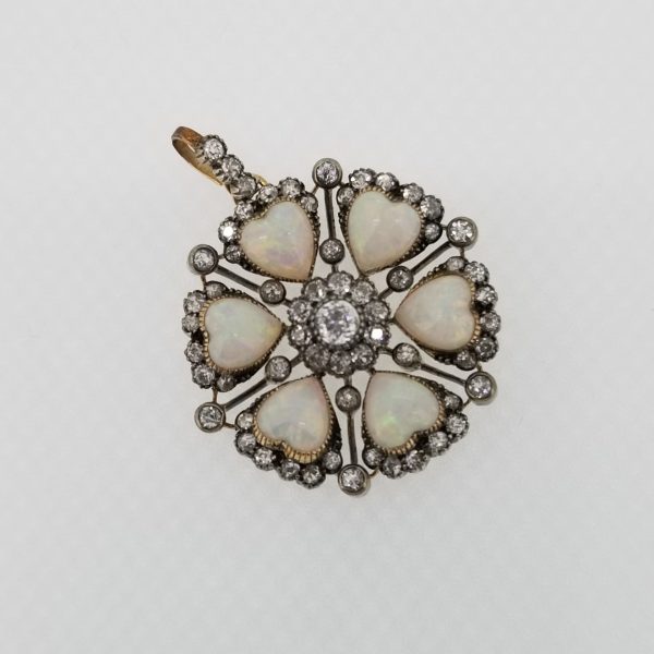 Antique Edwardian Opal Hearts and Old Cut Diamond Pendant come Brooch