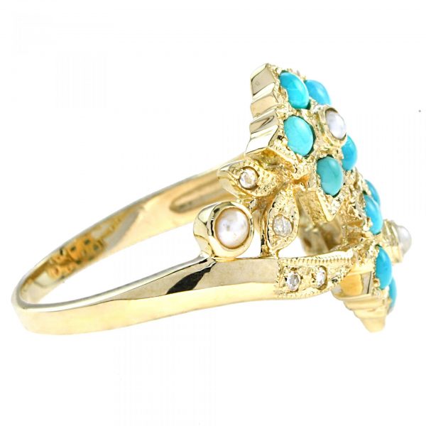 Vintage Turquoise and Pearl Floral Cluster Crossover Ring