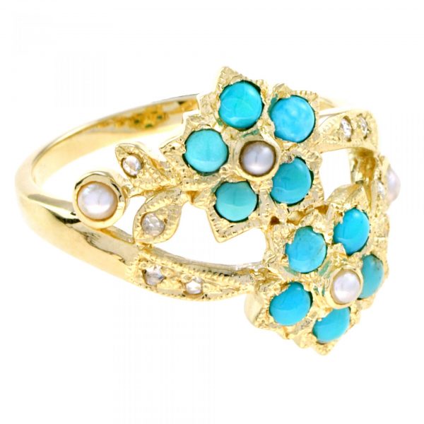 Vintage Turquoise and Pearl Floral Cluster Crossover Ring