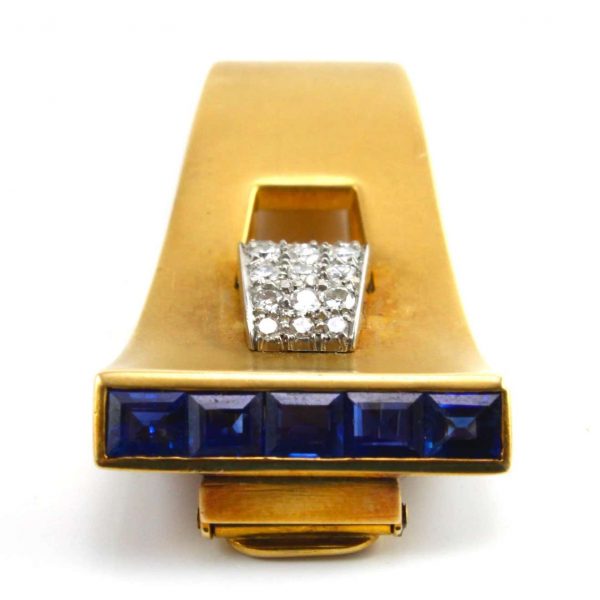 Vintage 1940s Retro Gold Clip Brooch with Sapphires and Diamonds