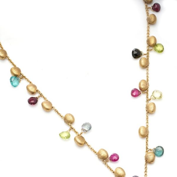 Marco Bicego Paradise Collection Multi Gemstone Lariat Necklace; decorated with diamonds and briolette-cut garnets, amethysts, citrine, blue topaz, pink and green tourmaline and rock crystal and intermingled with hand-made satin-finish gold beads