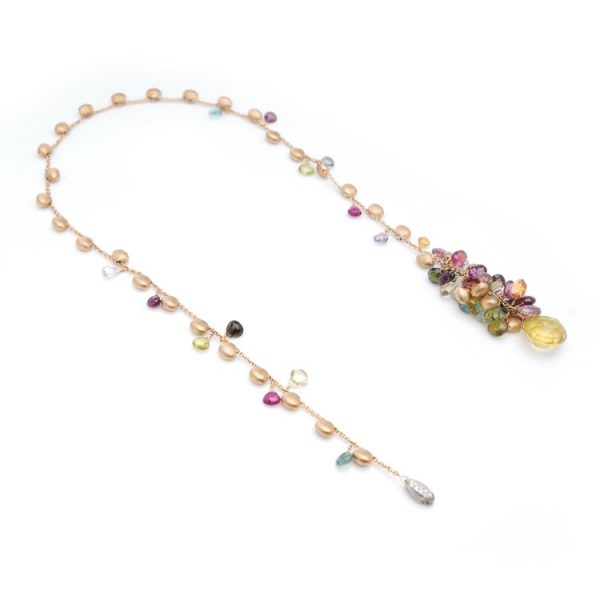 Marco Bicego Paradise Collection Multi Gemstone Lariat Necklace; decorated with diamonds and briolette-cut garnets, amethysts, citrine, blue topaz, pink and green tourmaline and rock crystal and intermingled with hand-made satin-finish gold beads