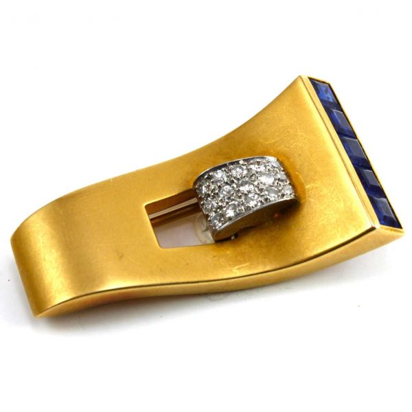 Vintage 1940s Retro Gold Clip Brooch with Sapphires and Diamonds