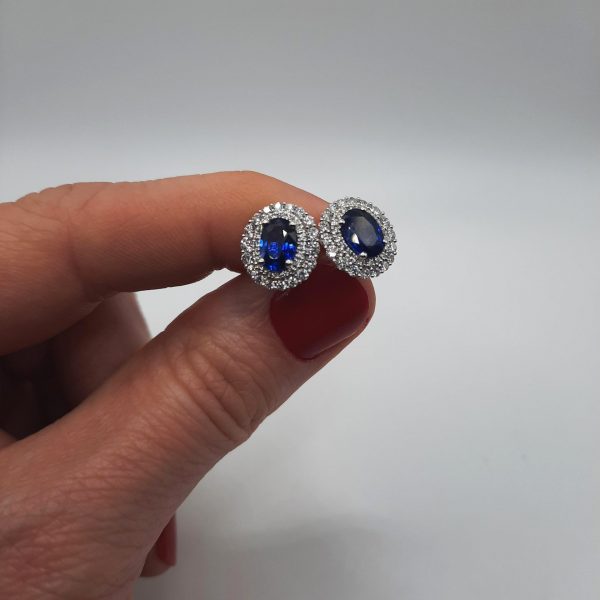 1.65ct Oval Sapphire and Double Diamond Cluster Earrings