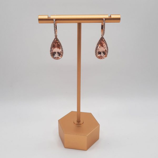 Pear Cut Morganite and Diamond Cluster Drop Earrings, 8.15ct large pear-shaped morganite set within delicate diamond surrounds and suspended from diamond-set drops in 18ct rose gold