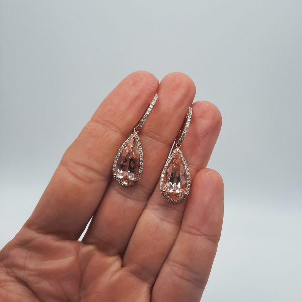 8.15ct Pear Cut Morganite and Diamond Cluster Drop Earrings in 18ct Rose Gold