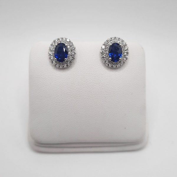 1.65ct Oval Sapphire and Double Diamond Cluster Earrings