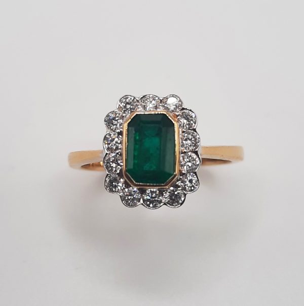 0.92ct Emerald-Cut Emerald and Diamond Cluster Ring in 18ct Gold