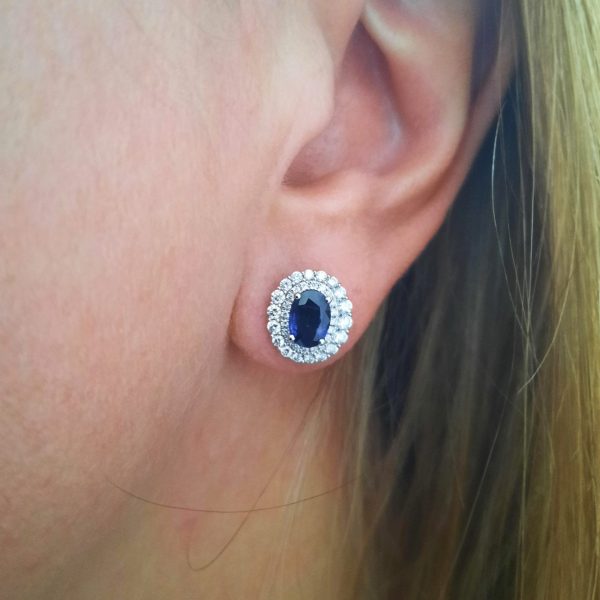 1.65ct Oval Sapphire and Double Diamond Cluster Earrings