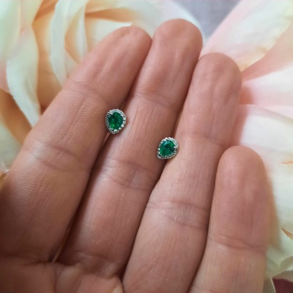0.44ct Pear Cut Emerald and Diamond Cluster Stud Earrings