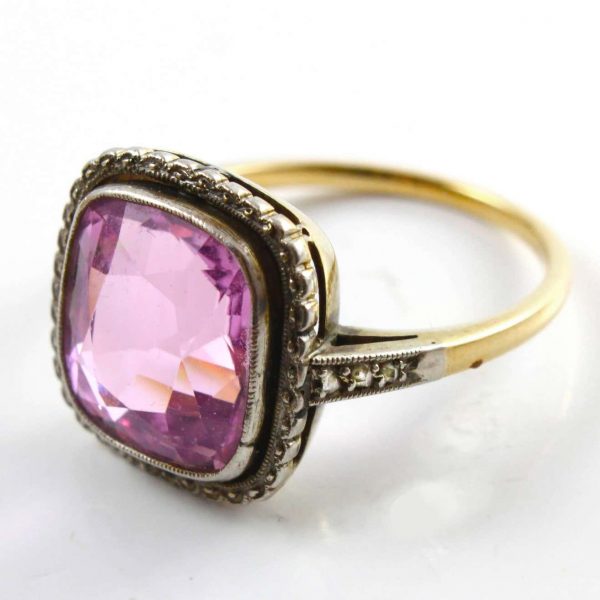 Antique Edwardian 6cr Pink Topaz and Diamond Cluster Ring