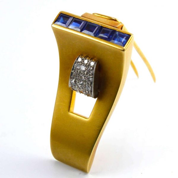 Vintage 1940s Retro Gold Clip Brooch with Sapphires and Diamonds