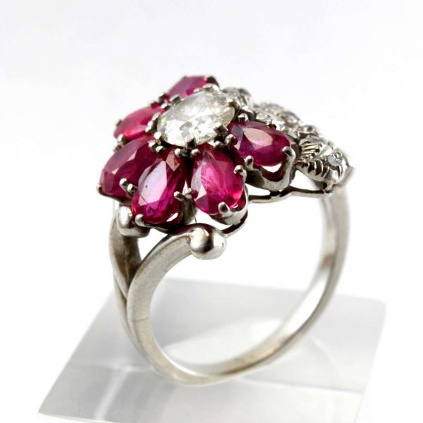 Vintage 0.85ct Old Cut Diamond and Ruby Flower Cluster Ring, Circa 1940s
