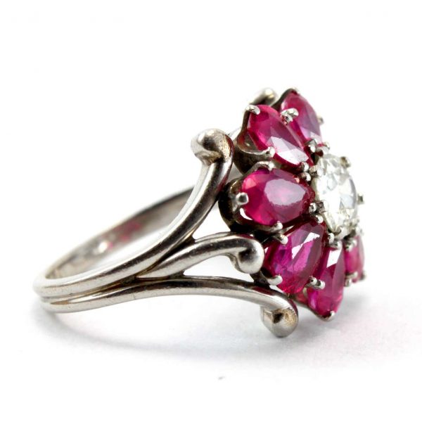 Vintage 0.85ct Old Cut Diamond and Ruby Flower Cluster Ring, Circa 1940s