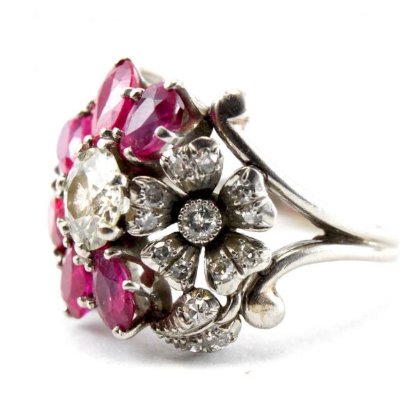 Vintage 1940s Ruby and Diamond Floral Cluster Ring