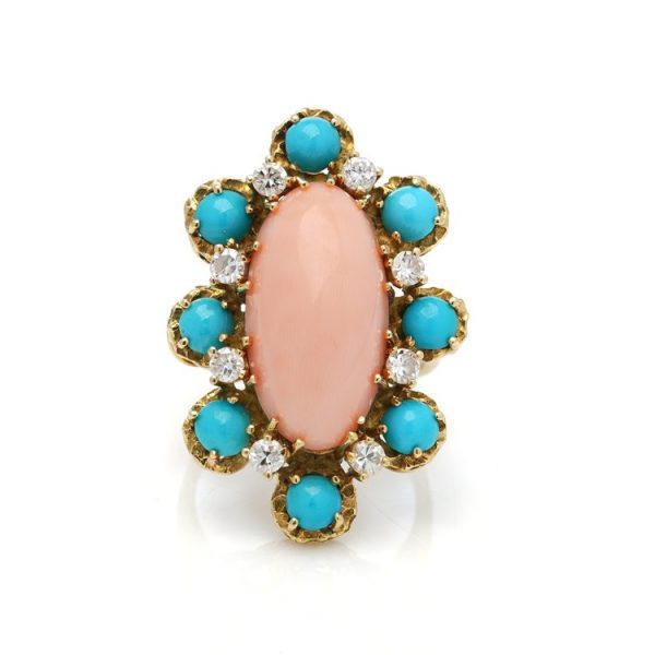 Vintage Ben Rosenfeld Angel Skin Coral, Turquoise and Diamond Cluster Ring