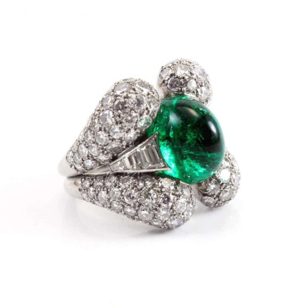 Vintage 1940s Retro 9ct Sugarloaf Cabochon Colombian Emerald and Diamond Dress Ring