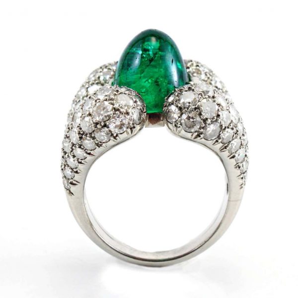 Vintage 1940s Retro 9ct Sugarloaf Cabochon Colombian Emerald and Diamond Dress Ring
