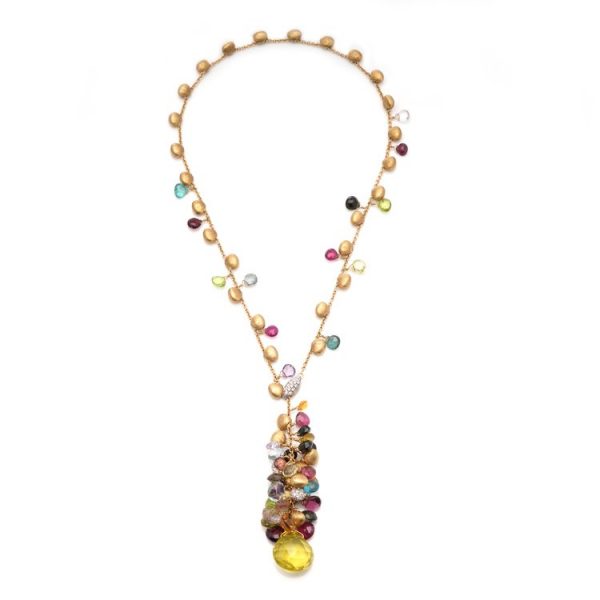 Marco Bicego Paradise Collection Multi Gemstone Lariat Necklace; decorated with diamonds and briolette-cut garnets, amethysts, citrine, blue topaz, pink and green tourmaline and rock crystal and intermingled with hand-made satin-finish gold beads