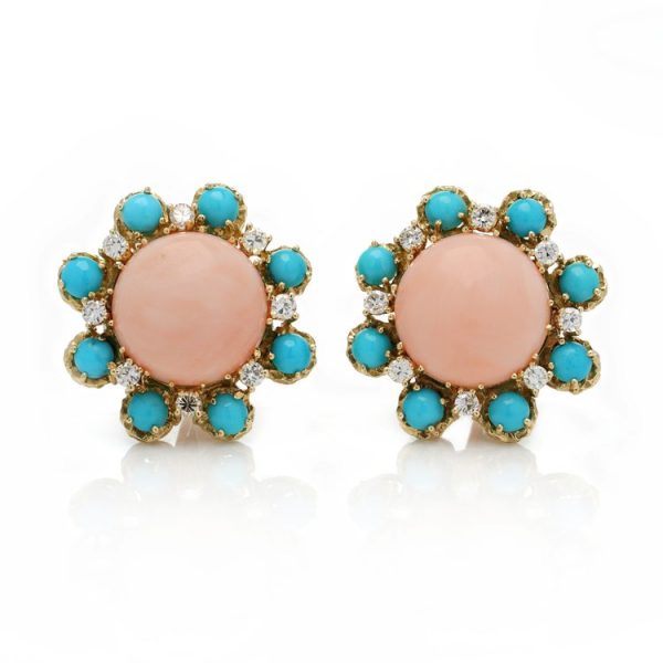 Vintage Angel Skin Coral, Turquoise and Diamond Earrings by Ben Rosenfeld