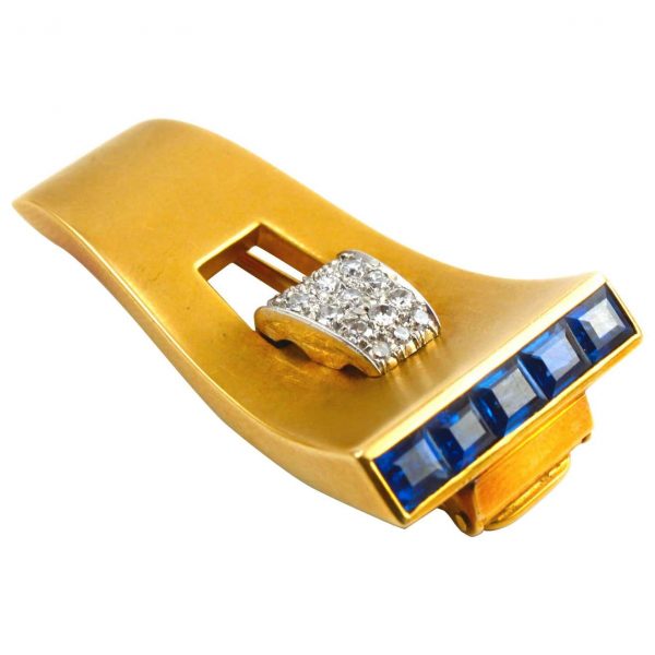 Vintage 1940s Retro Gold Clip Brooch with Sapphires and Diamonds