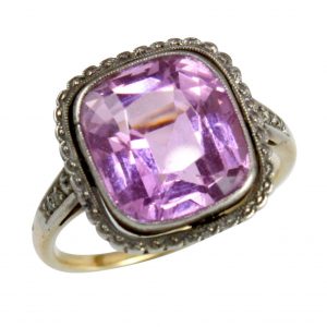 Antique Edwardian 6cr Pink Topaz and Diamond Cluster Ring