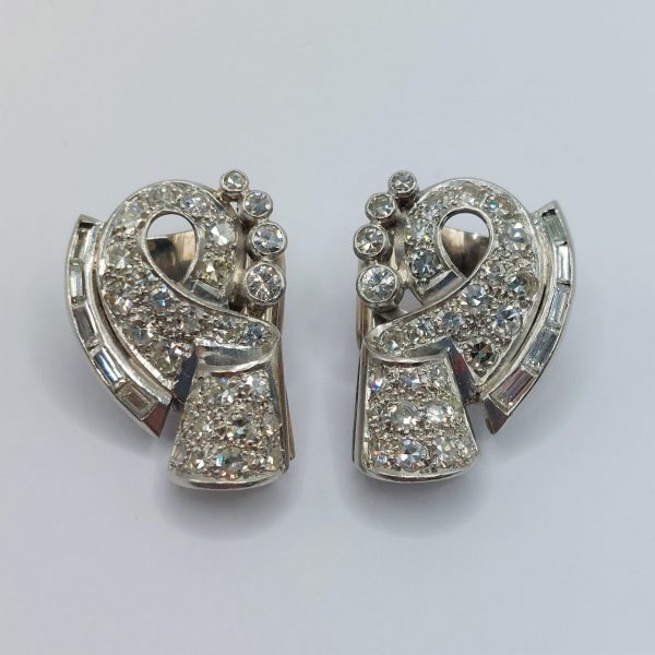 Vintage Retro 2.40ct Diamond Spray Earrings; eye-catching fluid form set with 2.40 carats of brilliant and baguette-cut diamonds in platinum and 18ct white gold