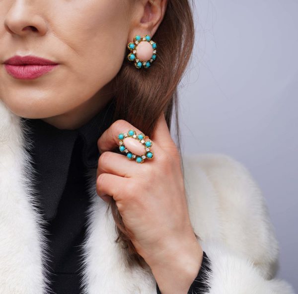 Vintage Angel Skin Coral, Turquoise and Diamond Earrings by Ben Rosenfeld