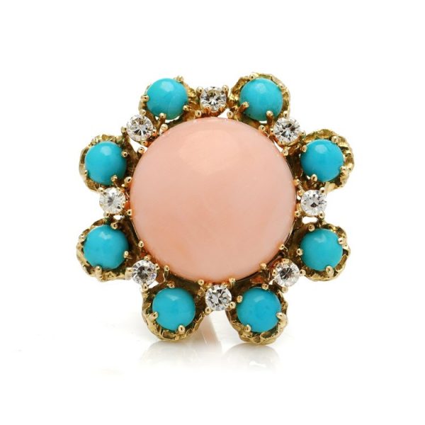 Vintage Angel Skin Coral, Turquoise and Diamond Earrings by Ben Rosenfeld