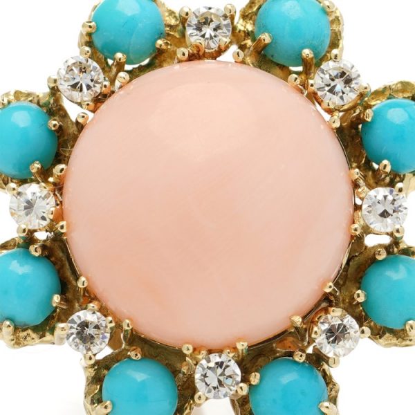 Vintage Angel Skin Coral, Turquoise and Diamond Earrings by Ben Rosenfeld