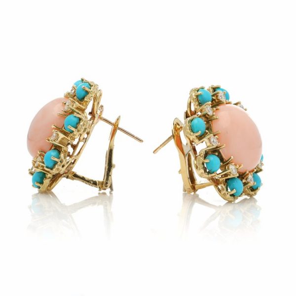 Vintage Ben Rosenfeld Angel Skin Coral, Turquoise and Diamond Earrings