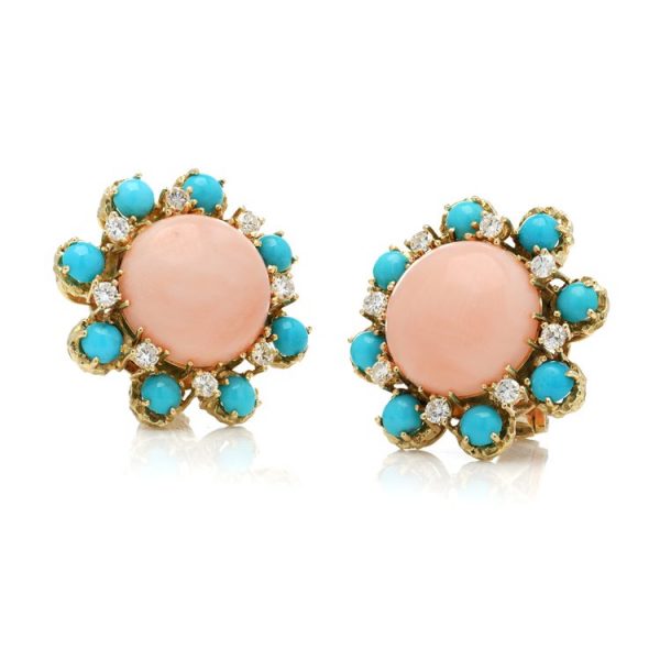 Vintage Ben Rosenfeld Angel Skin Coral, Turquoise and Diamond Cluster Earrings