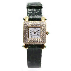 Vintage Chopard Happy Sport 18ct Yellow Gold and Diamonds Quartz Watch Ref 419-1, 22mm case with white dial, and 1.81ct three row diamond set bezel, 0.44ct cabochon emerald set lugs and crown, on Chopard green leather strap, with Chopard box and paperwork, Circa 1996