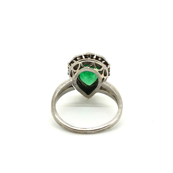 Vintage 1.60ct Colombian Emerald and Diamond Pear Shaped Cluster Ring, GCS certified natural Colombian emerald with moderate oil