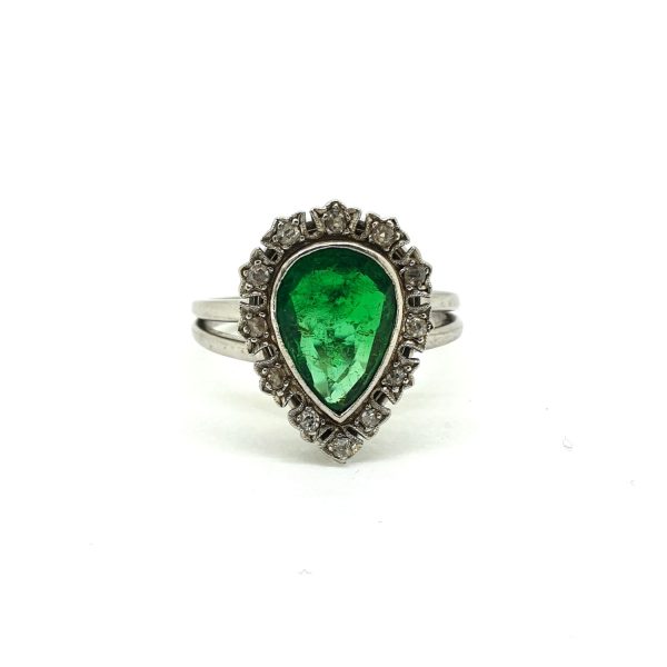 Vintage 1.60ct Colombian Emerald and Diamond Pear Shaped Cluster Ring, GCS certified natural Colombian emerald with moderate oil