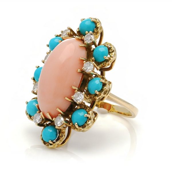 Vintage Ben Rosenfeld Angel Skin Coral, Turquoise and Diamond Cluster Ring