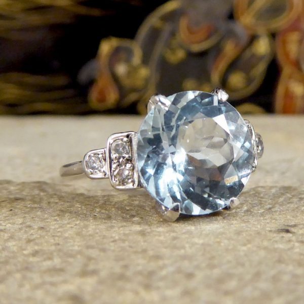 Antique Art Deco 2.75ct Aquamarine Ring with Diamond Set Shoulders